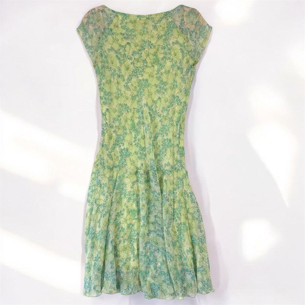 VTG Wrapper Fairycore Green Dress Medium Y2K Floral Metalic Details Sheer chifon